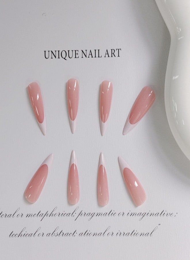 GRITOSE 24Pcs Pink Stiletto Press on Nails Long Fake Nails with Glue French Tip False Nails Artificial Acrylic Nails Press ons Long Almond Press on Nails Full Cover Reusable Stick on Nail for Women Girls - Image 2